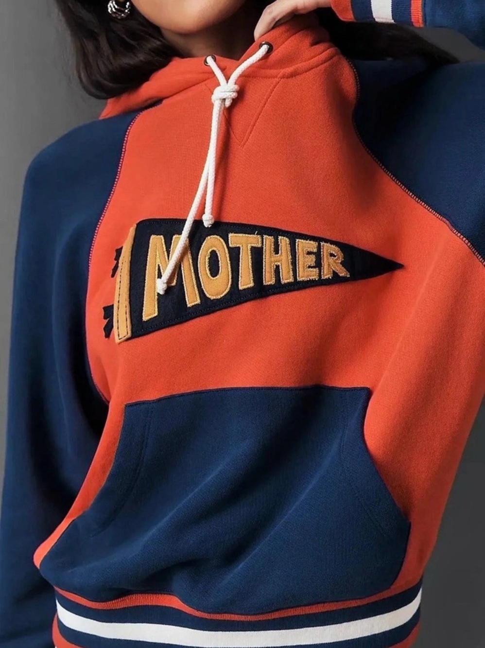 MOTHER The Square Colorblock Appliqué Hoodie Orange & Blue $278
